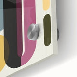 Close-up of an abstract geometric acrylic glass artwork showcasing vibrant colors and intricate patterns, perfect for modern home decor and artistic displays.