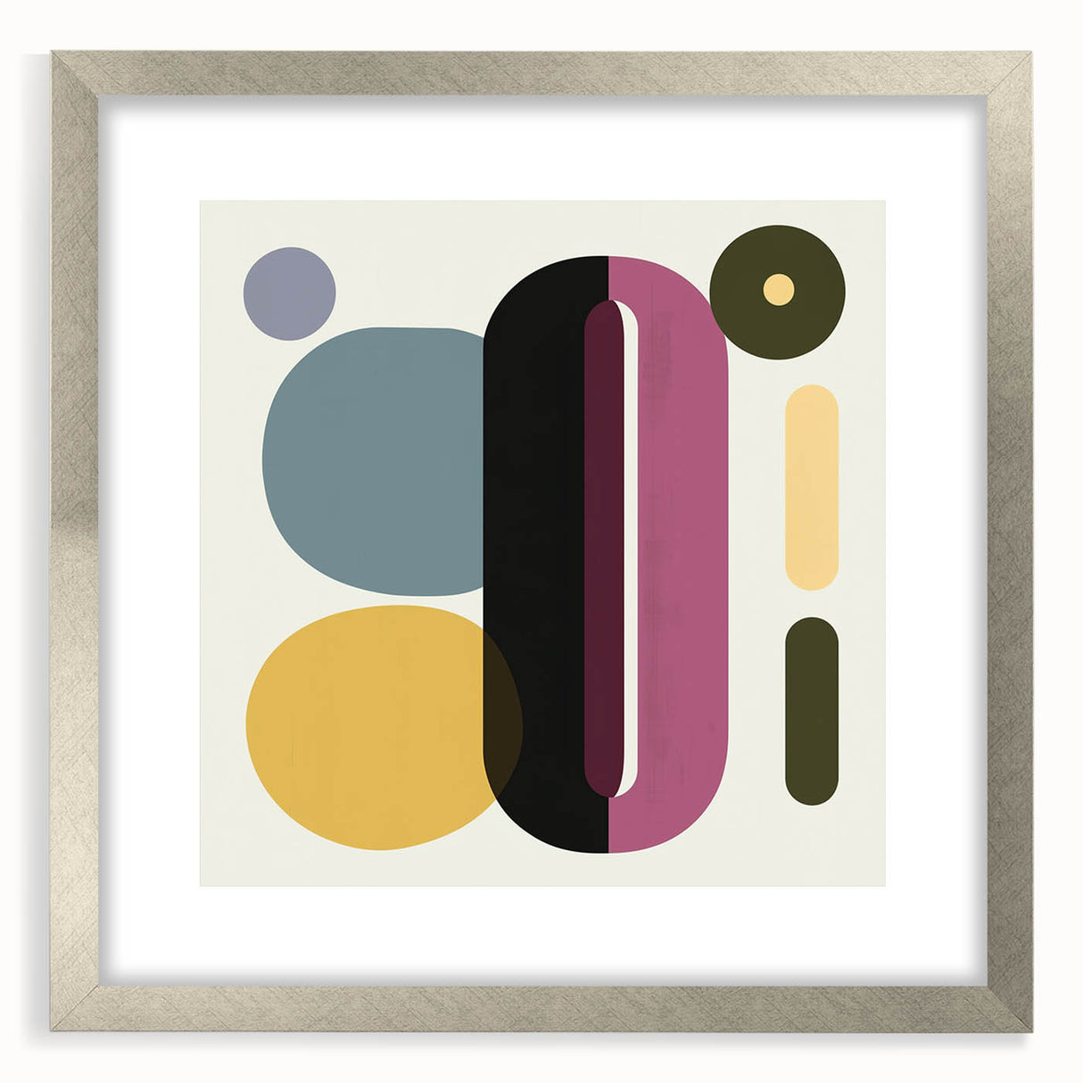 Abstract geometric frame in silver, featuring a sleek mat, displayed from a front view. Ideal for modern decor, highlighting minimalist elegance and sophistication.