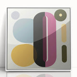 Framed abstract geometric acrylic artwork in white, showcasing a modern design with sharp lines and vibrant colors, perfect for contemporary home decor.