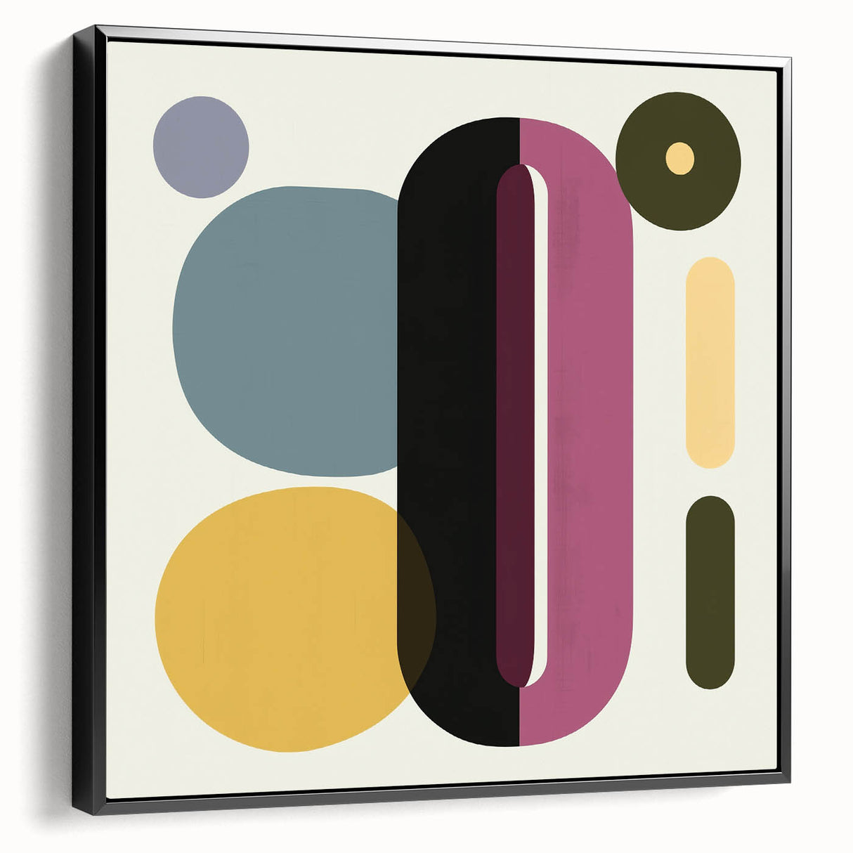 Framed canvas artwork showcasing an abstract geometric design in black, featuring clean lines and modern aesthetics, ideal for contemporary decor.