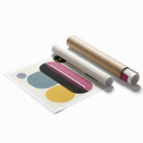 Abstract geometric rolled print showcasing vibrant colors and intricate shapes, elegantly packaged in a protective cardboard tube, perfect for modern decor.