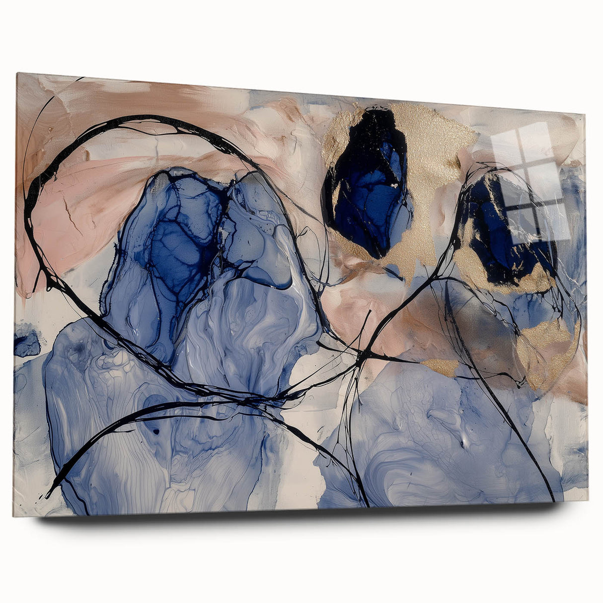Abstract acrylic wall art design showcasing vibrant splatter patterns in a side view, highlighting its glossy finish and modern aesthetic. Ideal for contemporary decor.