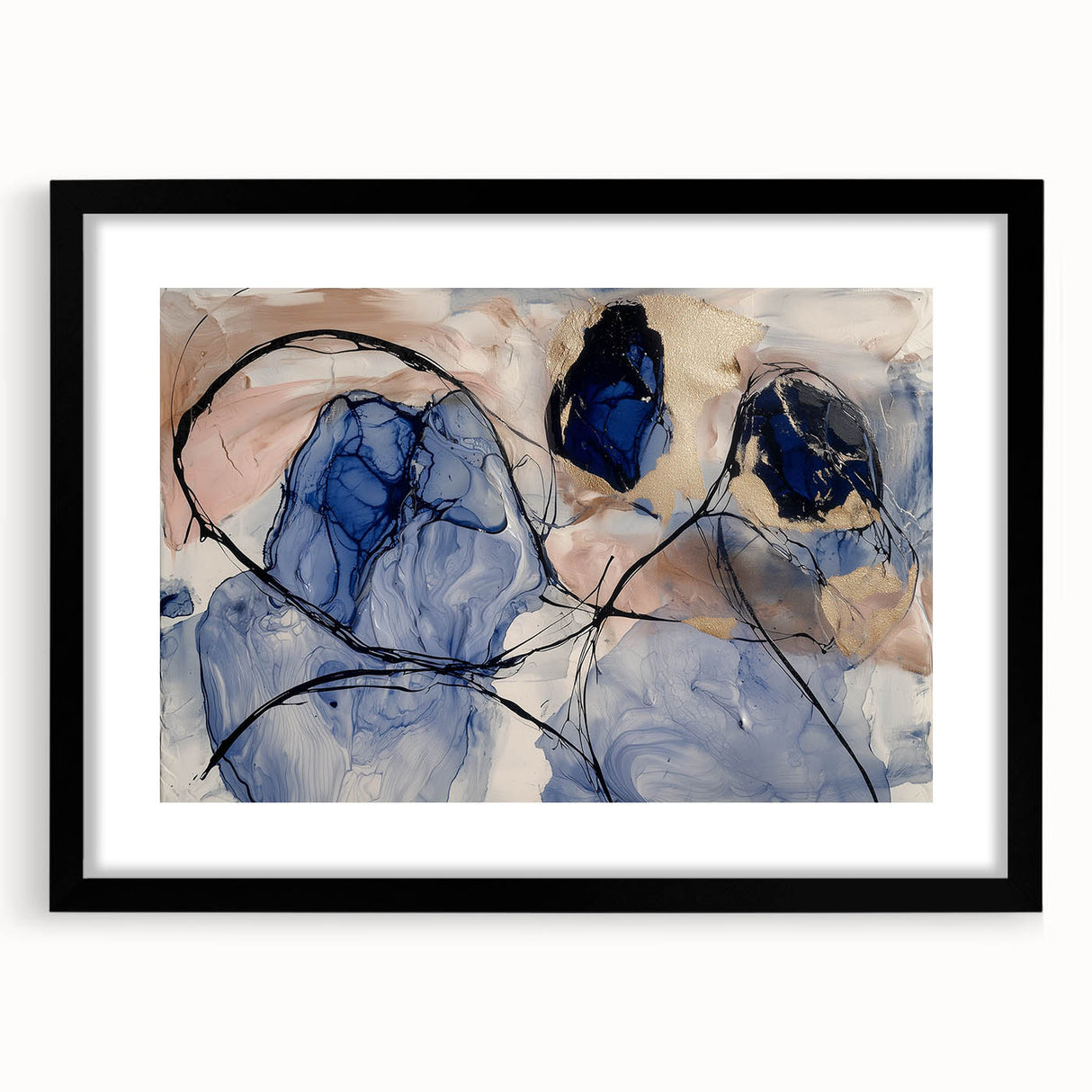 Abstract splatter art frame with a black mat, showcasing vibrant colors and dynamic patterns, perfect for modern home decor or gallery displays. Ideal for enhancing any artistic space.