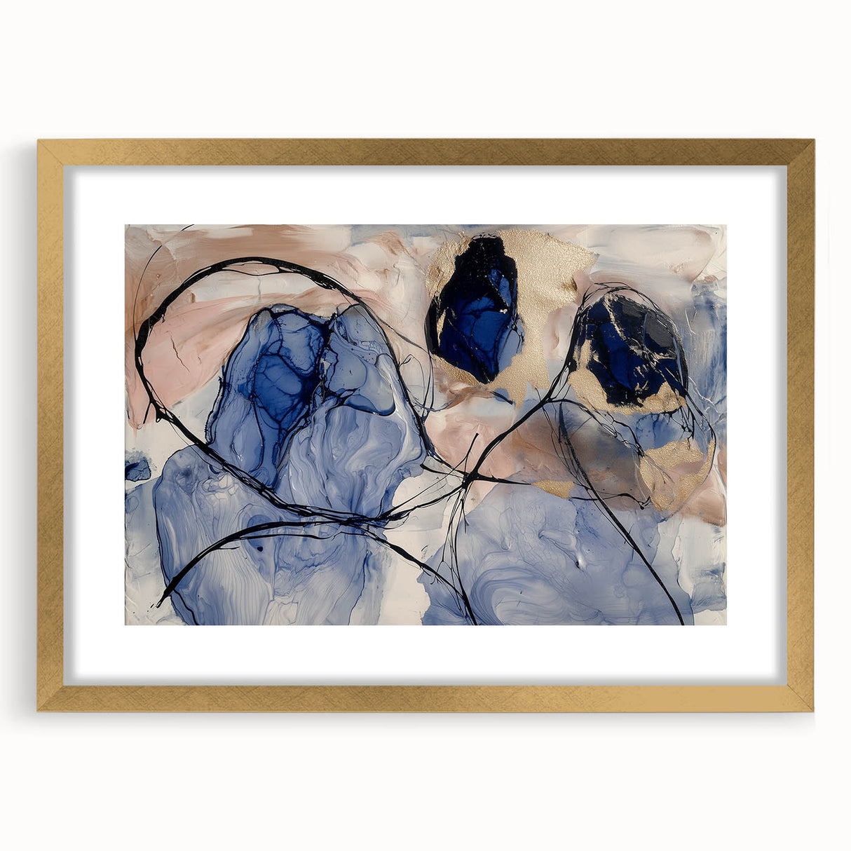 Abstract splatters frame with mat in gold, showcasing a contemporary art design, ideal for modern home decor and gallery displays. Perfect for adding elegance.