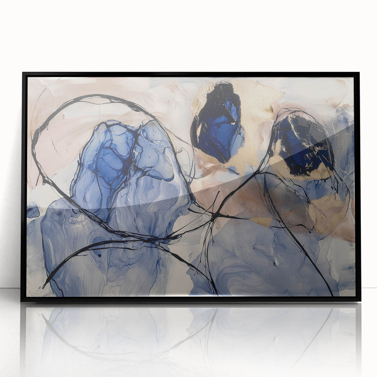 Abstract framed acrylic artwork showcasing vibrant splatters in shades of blue, yellow, and red against a sleek black background, perfect for modern decor.