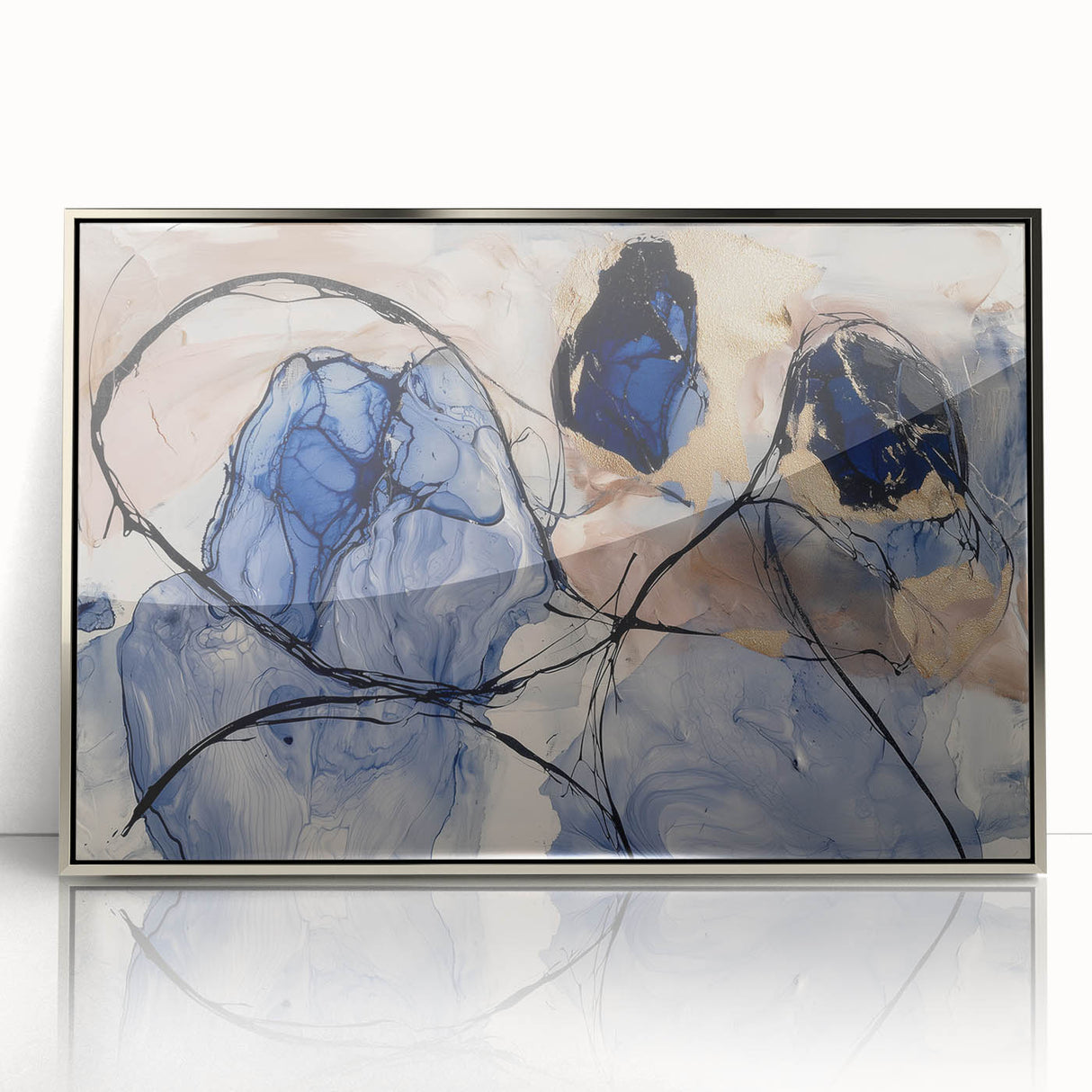 Framed acrylic artwork showcasing an abstract design of colorful splatters on a silver background, ideal for modern home decor or office settings.