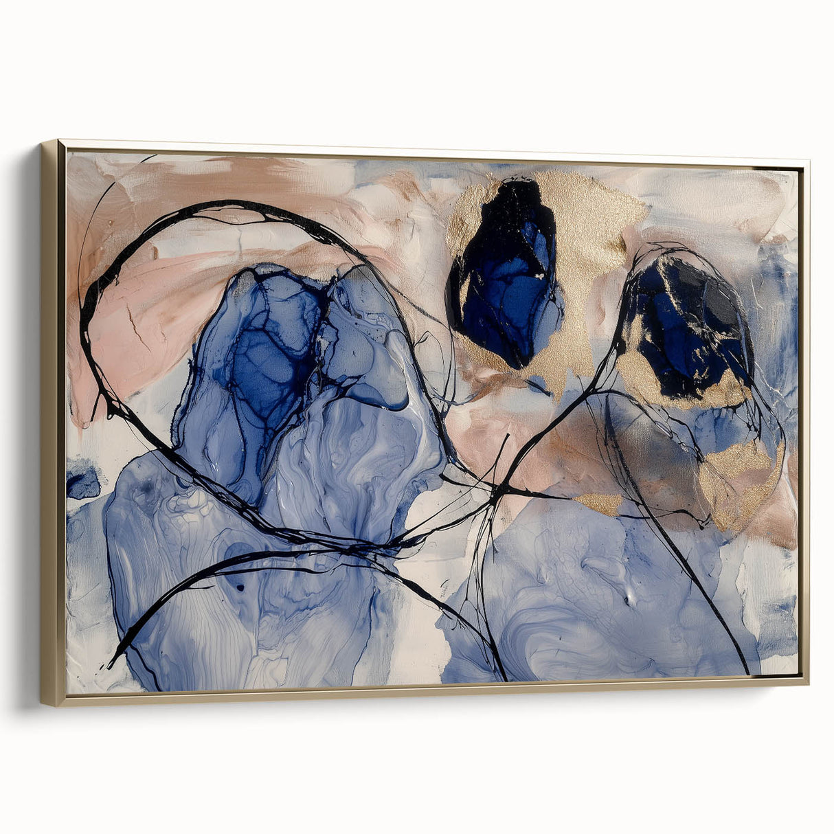 Framed canvas art showcasing abstract gold splatters on a textured surface, highlighting modern design aesthetics, perfect for contemporary home decor.