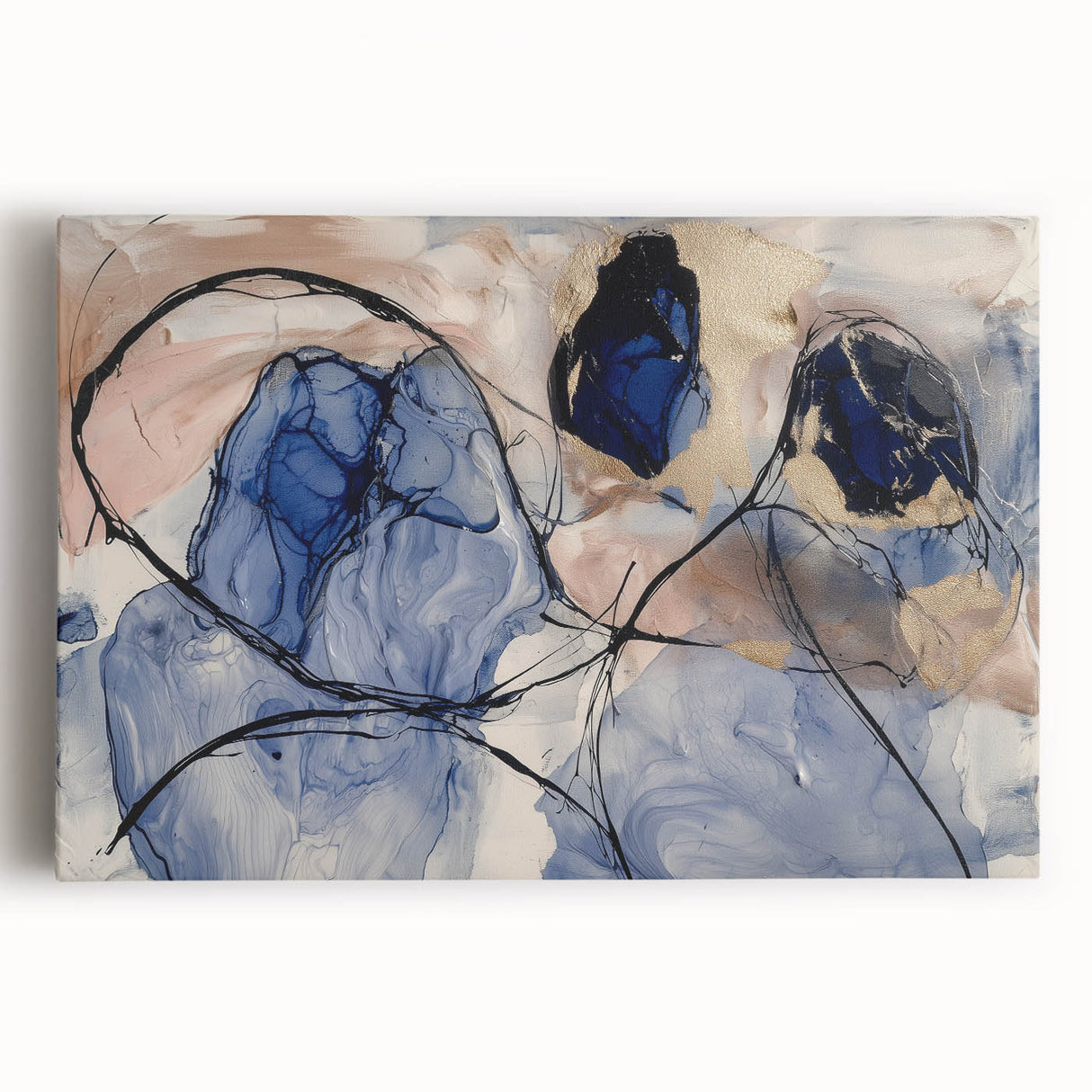 Abstract splatter art print on stretched canvas, showcasing vibrant colors and dynamic patterns, ideal for modern home decor, adding a contemporary touch to any space.