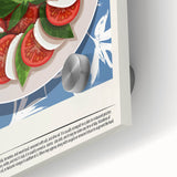 Large abstract wall art featuring assorted food dishes in vibrant colors on acrylic glass, ideal for dining room decor.