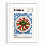 Abstract art print of various food dishes in muted earth tones, framed with a white mat, suitable for dining room decor.