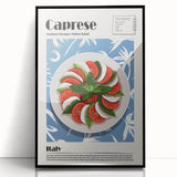 Large abstract wall art featuring assorted food dishes in bold colors on a black acrylic frame, ideal for dining room decor.