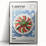 Mid-century modernist art featuring a variety of stylized food dishes in vibrant colors on a silver-framed acrylic print.