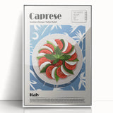 Acrylic print of various stylized food dishes in art deco style, framed in white, ideal for modern kitchen decor.