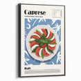 Black and white framed canvas featuring a vintage poster of assorted food dishes, ideal for bedroom or kitchen decor.