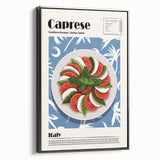 Black and white framed canvas featuring a vintage poster of assorted food dishes, ideal for bedroom or kitchen decor.
