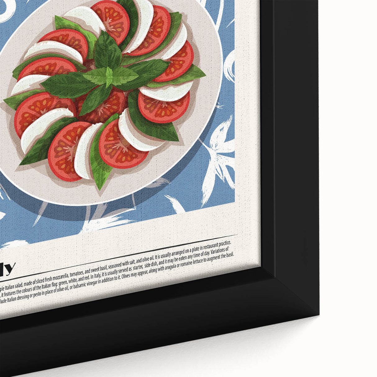 Close-up of a black framed canvas featuring a textured, colorful depiction of various food dishes.