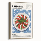 Framed canvas featuring a vintage poster art of various food dishes, with a black and gold color scheme.