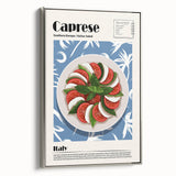 Landscape art painting of colorful vintage food dishes on black framed canvas, ideal for dining room decor.