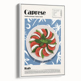 Vintage poster art of colorful food dishes on a large framed canvas, ideal for living room decor.