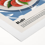 Art deco poster featuring an array of colorful food dishes on rolled canvas, suitable for dining room decor.