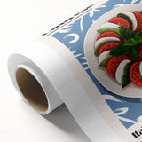 Art deco poster featuring an array of colorful food dishes on a rolled canvas, ideal for dining room wall art.