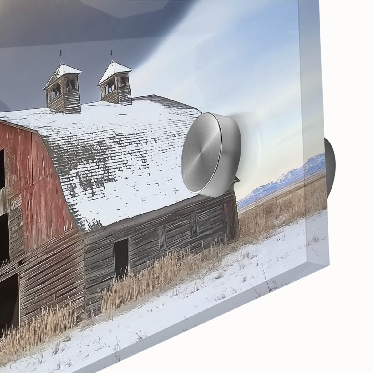 Close-up of a landscape barn design on acrylic glass, showcasing vibrant colors and fine details, perfect for rustic home decor enthusiasts.