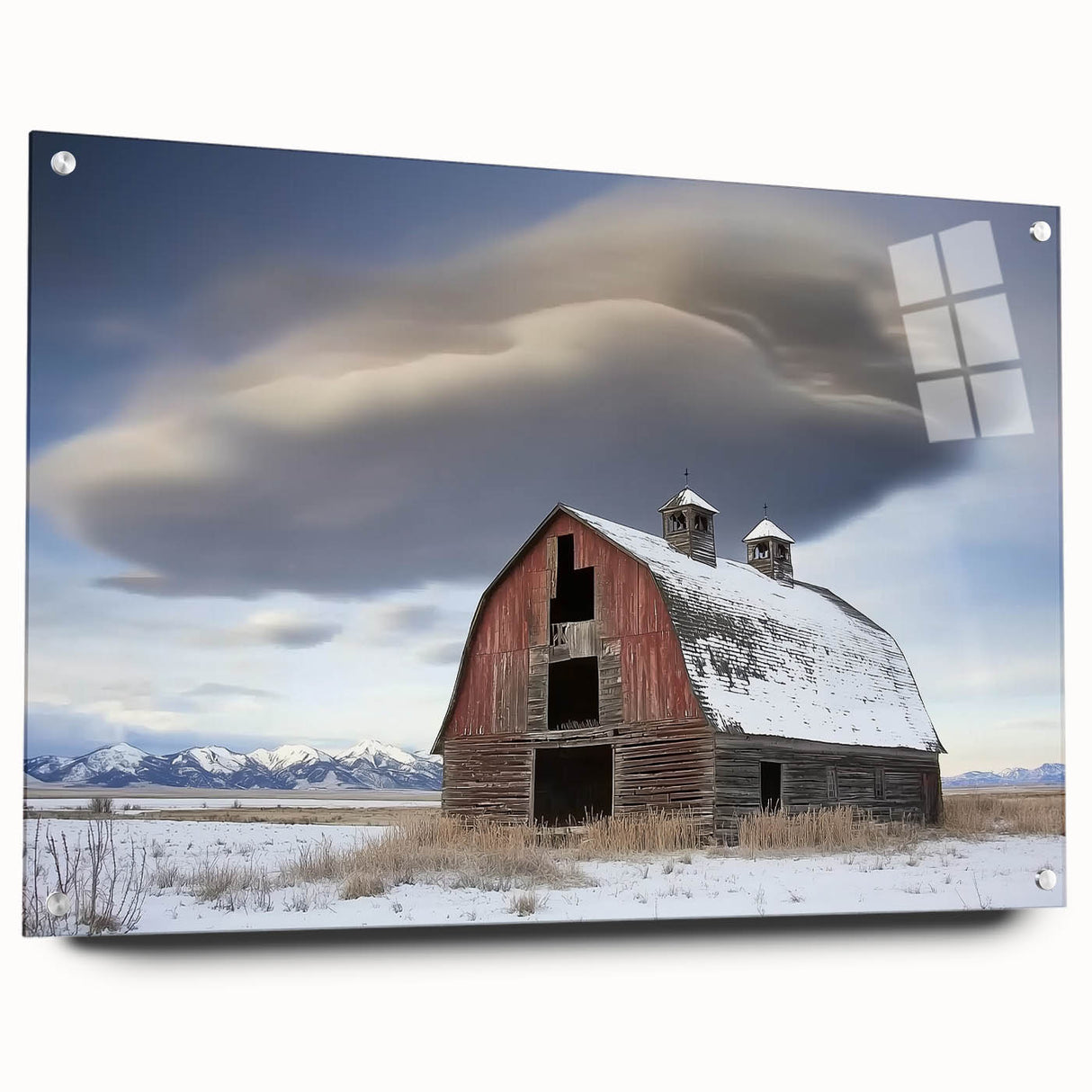 Side view of a landscape acrylic glass artwork featuring a rustic barn design, showcasing vibrant colors and intricate details, mounted with decorative pins. Perfect for farmhouse-themed decor.