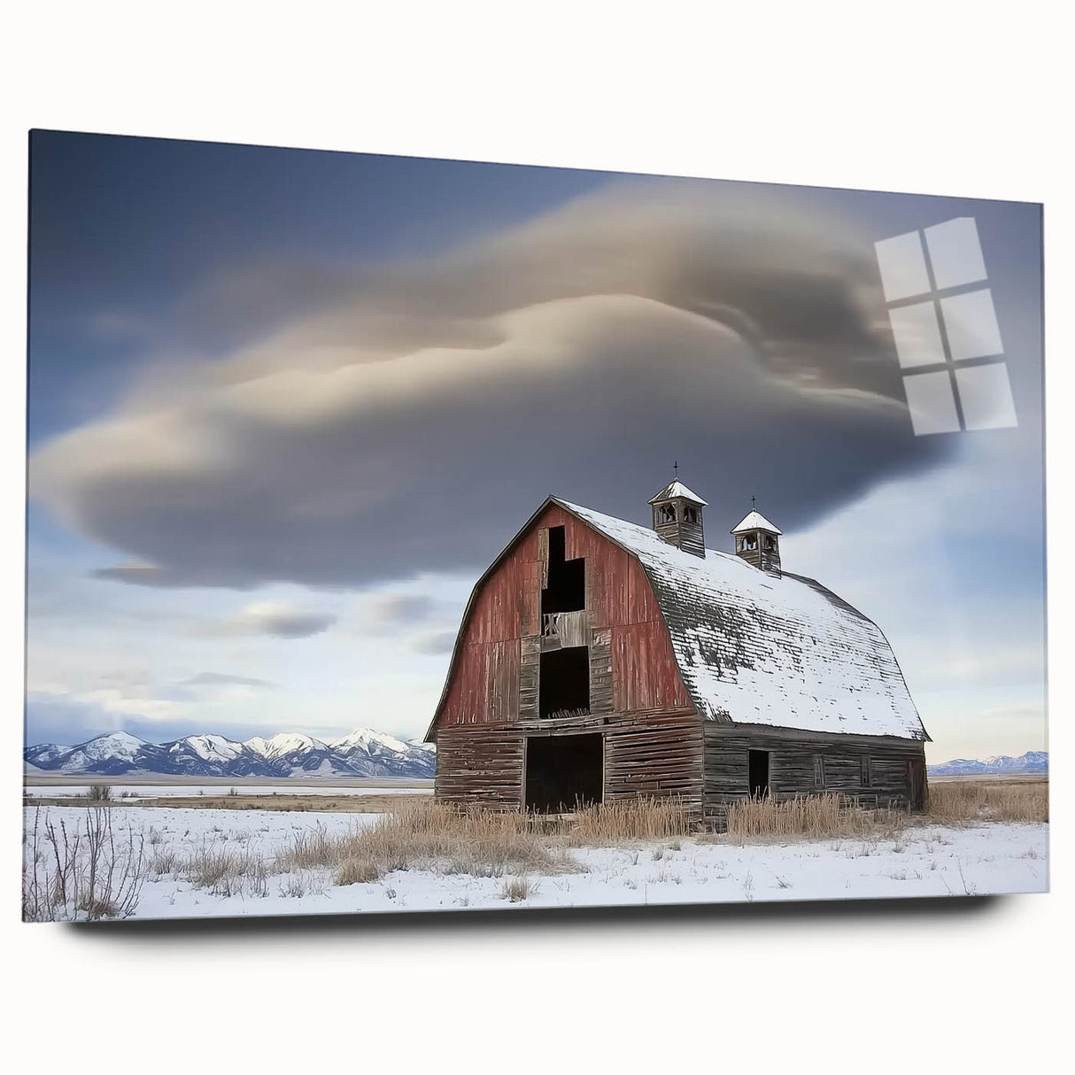 Acrylic glass landscape art print featuring a detailed barn design in vibrant colors, viewed from the side, showcasing its sleek edges and modern aesthetic. Perfect for rustic home decor enthusiasts looking to enhance their interior spaces.