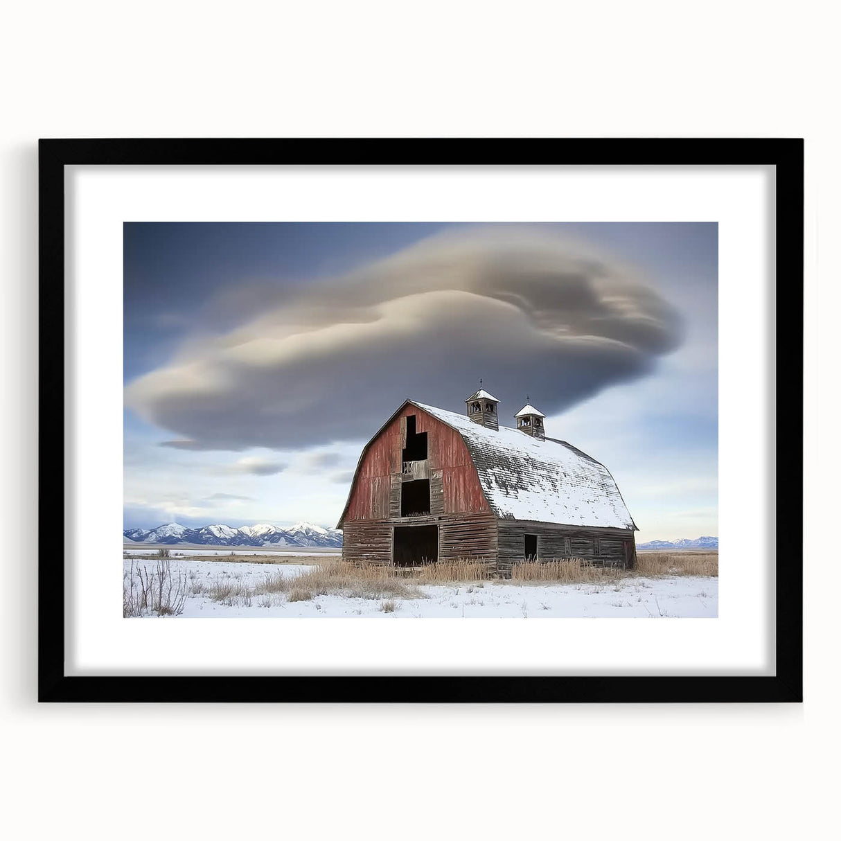 Barn frame in matte black finish, showcasing a modern landscape design, perfect for enhancing home decor, with a sleek front view emphasizing its elegant lines and style. Ideal for contemporary living spaces or rustic aesthetics.