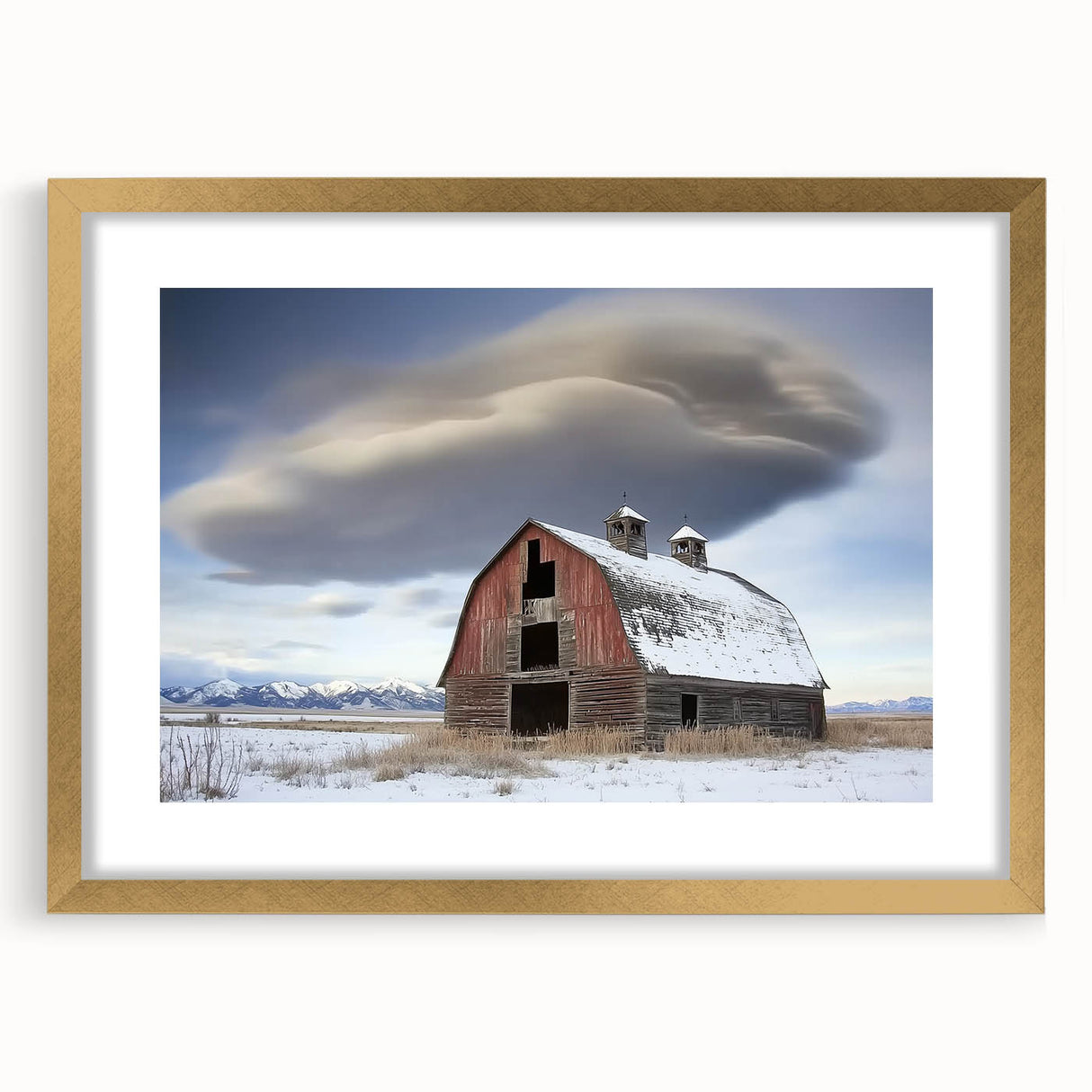 Landscape barn frame with a gold mat surrounding a scenic artwork, showcasing a rustic countryside view. Ideal for home decor, enhancing any living space with natural beauty.