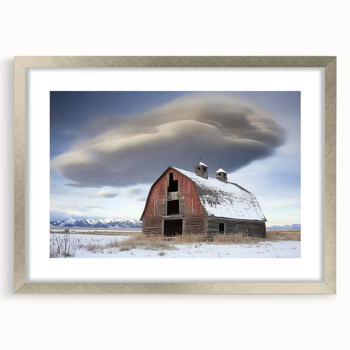 Elegant silver-framed barn landscape design showcasing a scenic view, highlighted with a white mat for contrast, perfect for home decor enthusiasts.
