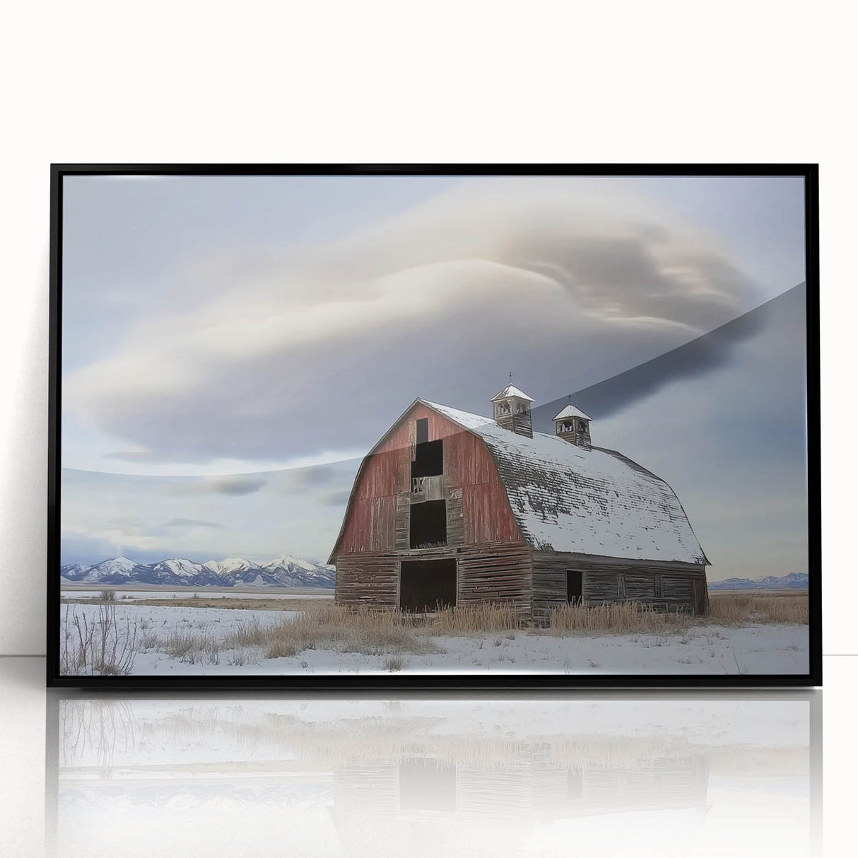 Framed acrylic wall art showcasing a picturesque barn landscape in vibrant colors, designed to enhance home decor. Ideal for rustic-themed interiors and art enthusiasts.