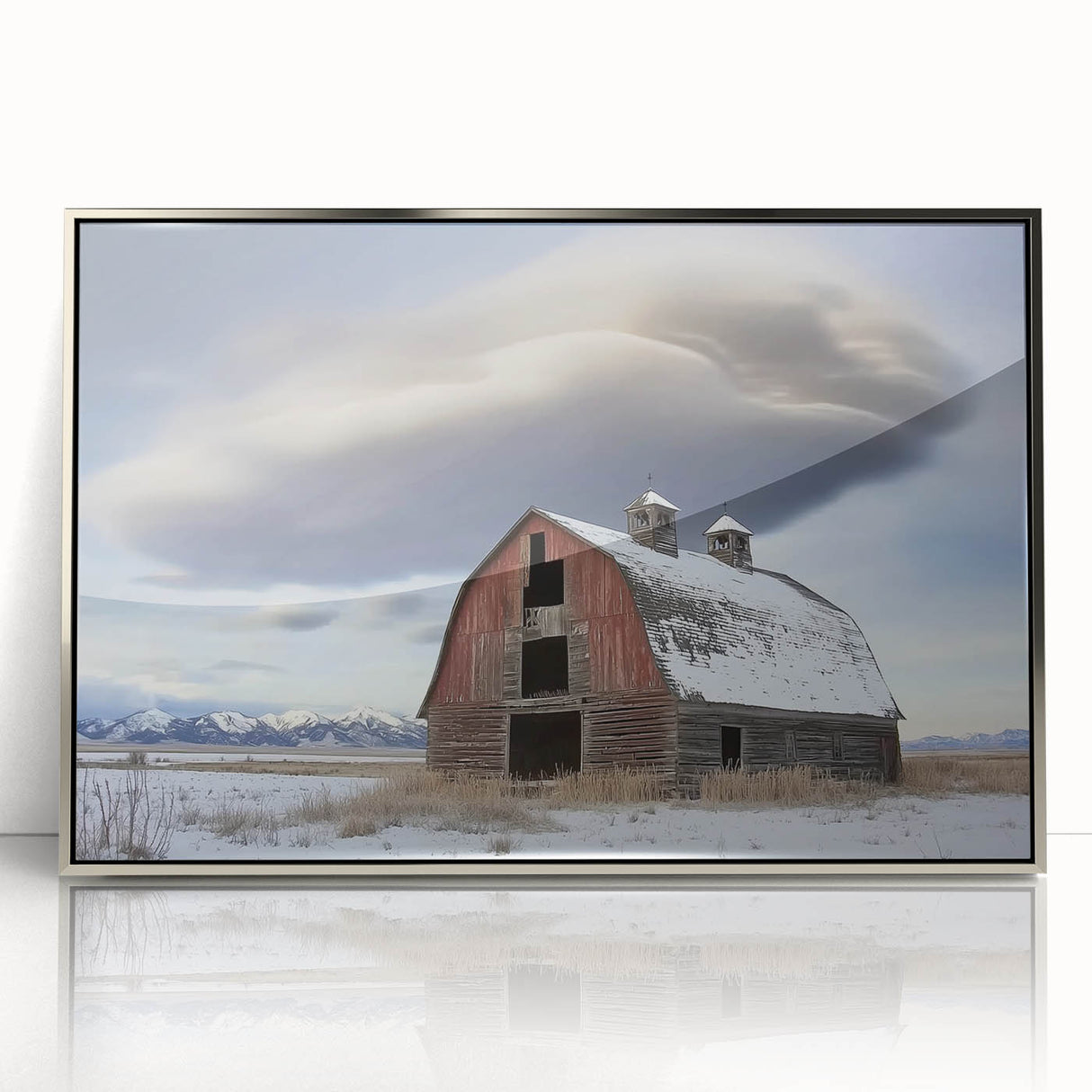 Framed acrylic artwork showcasing a serene landscape scene with a rustic barn, featuring vibrant colors and elegant details, perfect for enhancing home decor.
