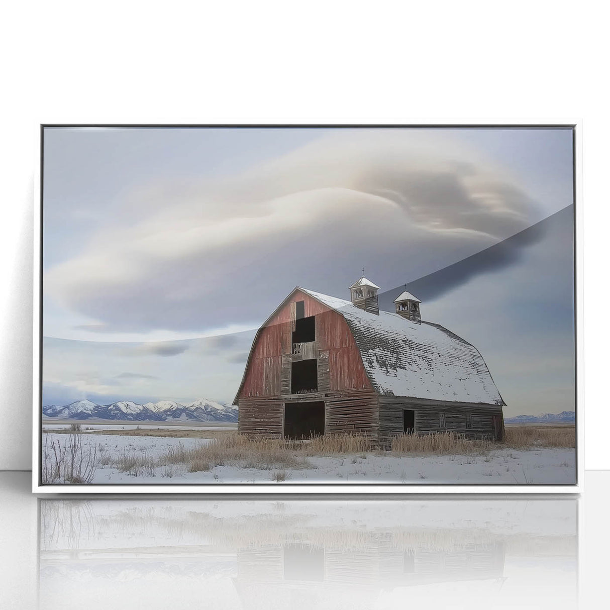 Framed acrylic wall art featuring a serene landscape scene with a barn, set against a clear sky and vibrant greenery, perfect for home decor enhancement.
