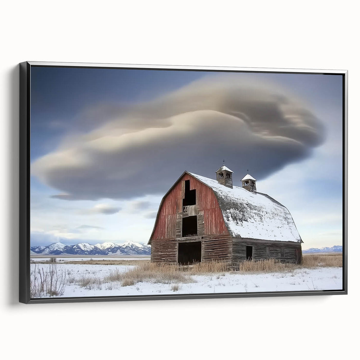 Black-framed canvas print showcasing a stunning landscape design, featuring vibrant colors and intricate details, perfect for enhancing home decor.