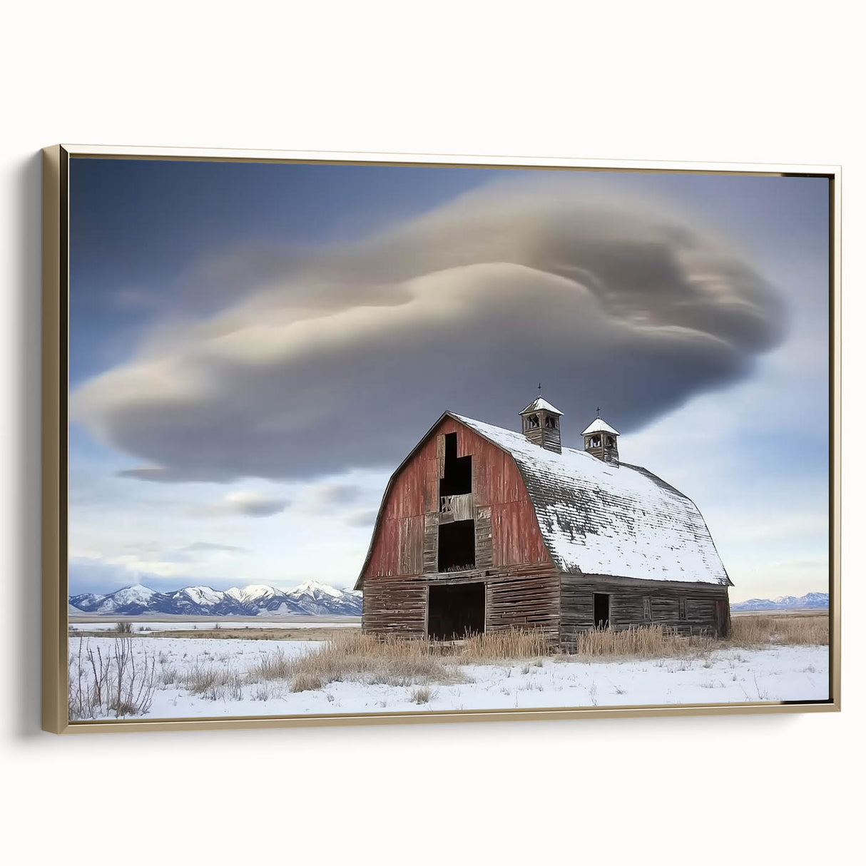 Landscape barn framed canvas art showcasing a rustic gold frame, displaying a serene countryside scene with vibrant colors and detailed textures, perfect for home decor enthusiasts.