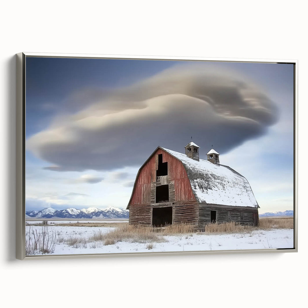 Landscape barn-themed canvas artwork framed in silver, showcasing vibrant colors and intricate details. Perfect for rustic home decor and art enthusiasts.