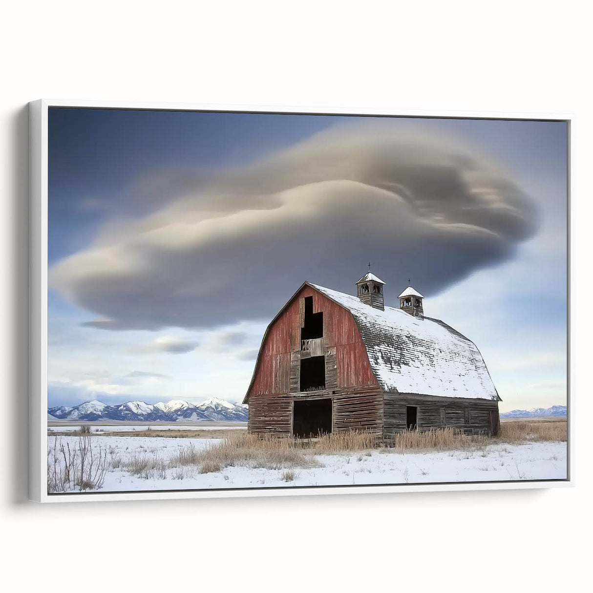 Landscape canvas print showcasing a barn-themed design in a white frame, featuring a rustic scene with vibrant colors and intricate details, ideal for home decor.