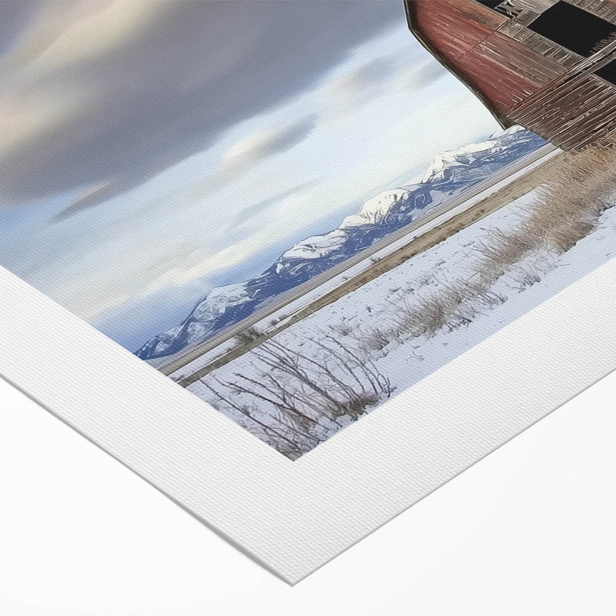 Rolled canvas showcasing a vibrant landscape barn design, featuring rich colors and intricate details, securely packaged in a durable cardboard tube for preservation.