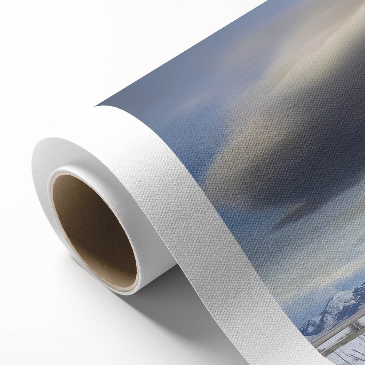 Rolled canvas showcasing a vibrant landscape design with lush green fields and a rustic barn, securely packaged in a protective cardboard tube for easy handling and display.