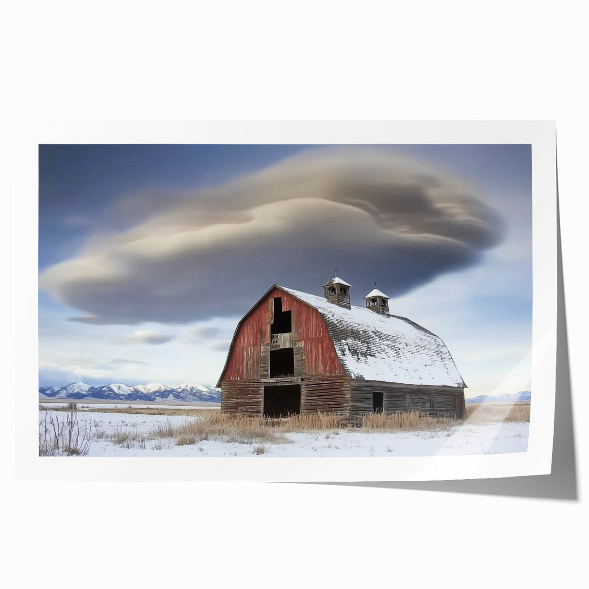 Landscape barn print on rolled canvas showcasing vibrant colors and rustic details, ideal for home decor. Packaged securely in a sturdy tube for protection.
