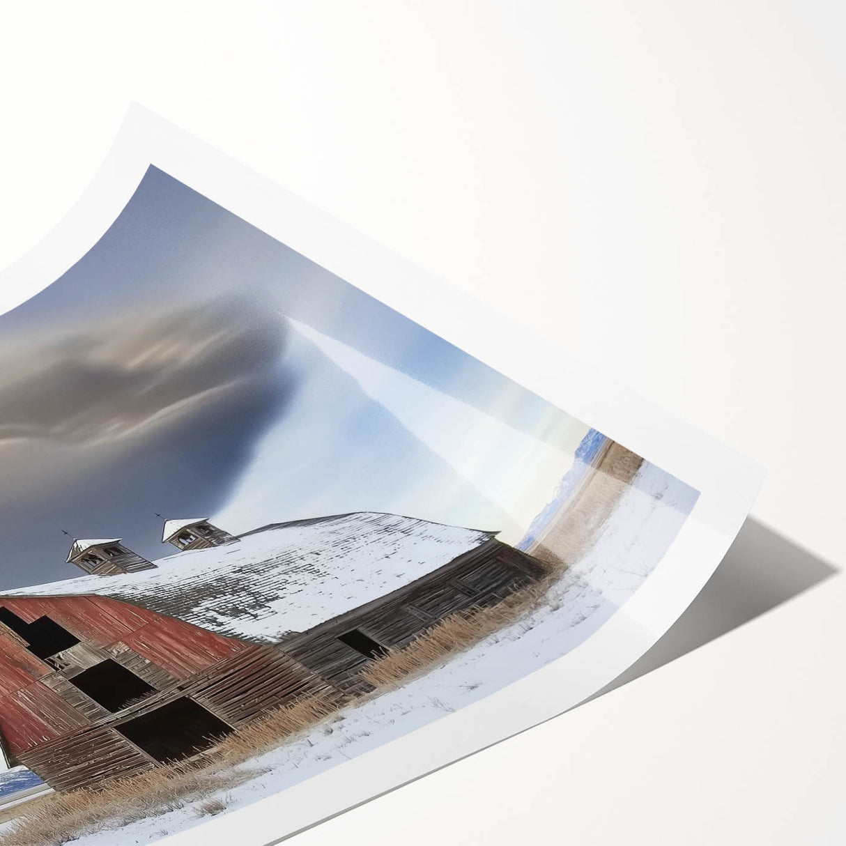 Landscape barn artwork printed on premium canvas, showcasing vibrant colors and intricate details, rolled for easy shipping in a protective tube. Perfect for rustic home decor.