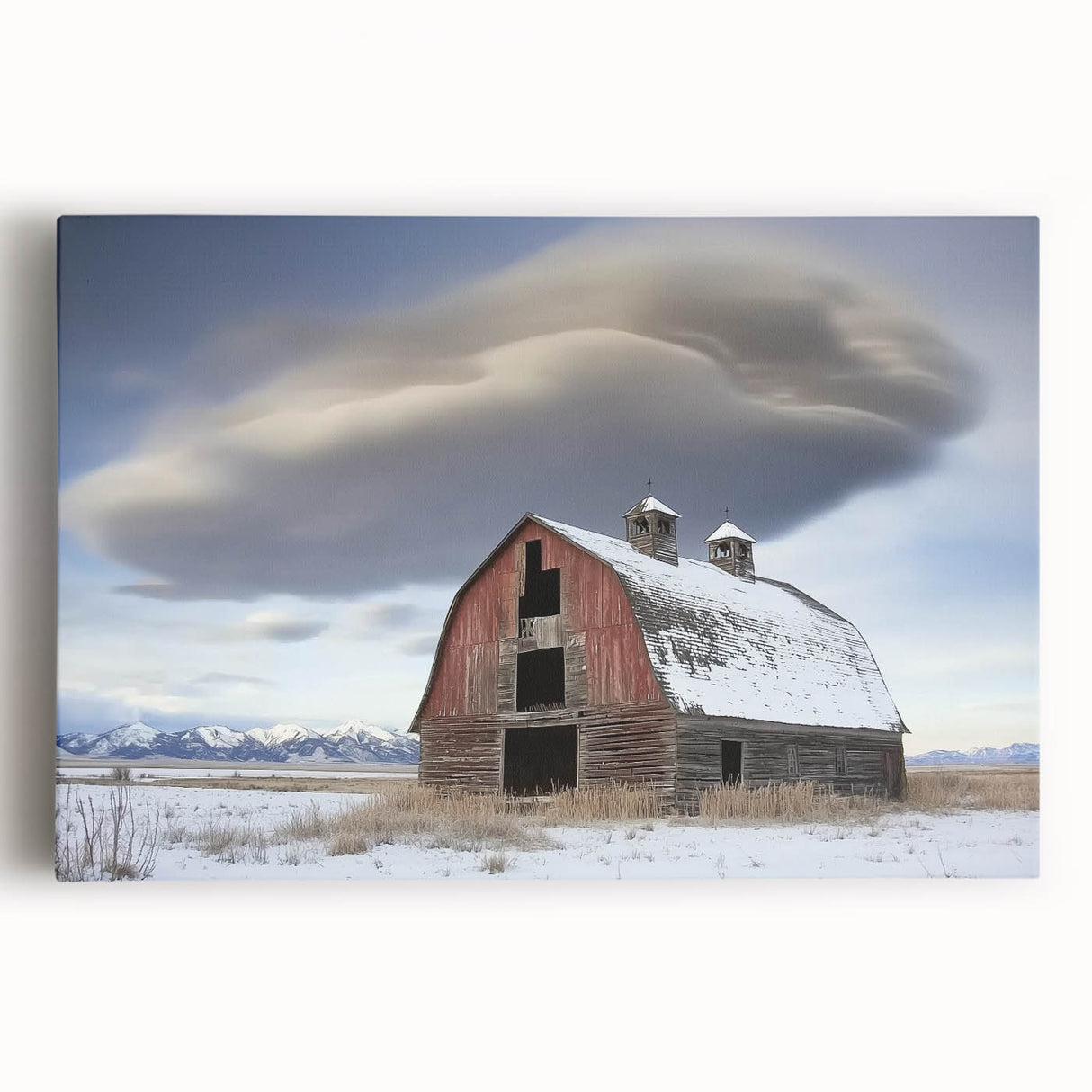 Stretched canvas artwork showcasing a vibrant landscape scene with a rustic barn, perfect for home decor. Ideal for adding charm to living spaces.