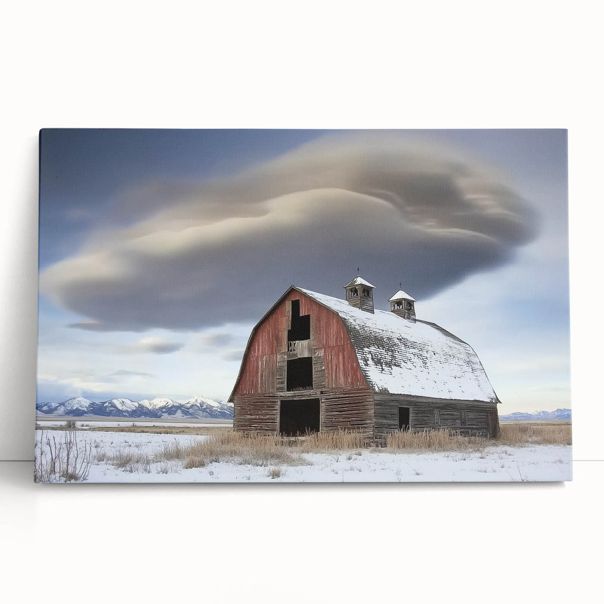 Stretched canvas artwork depicting a serene landscape with a rustic barn, showcasing vibrant colors and intricate details, perfect for country-themed decor.
