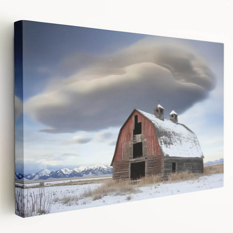 Stretched canvas featuring a vibrant landscape scene of a rustic barn surrounded by lush greenery, emphasizing natural beauty and tranquility. Ideal for farmhouse decor.