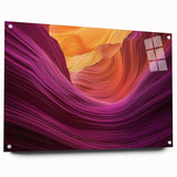 Landscape acrylic glass artwork depicting vibrant canyons with intricate details, displayed from a side view and secured with stylish pins for an artistic finish.