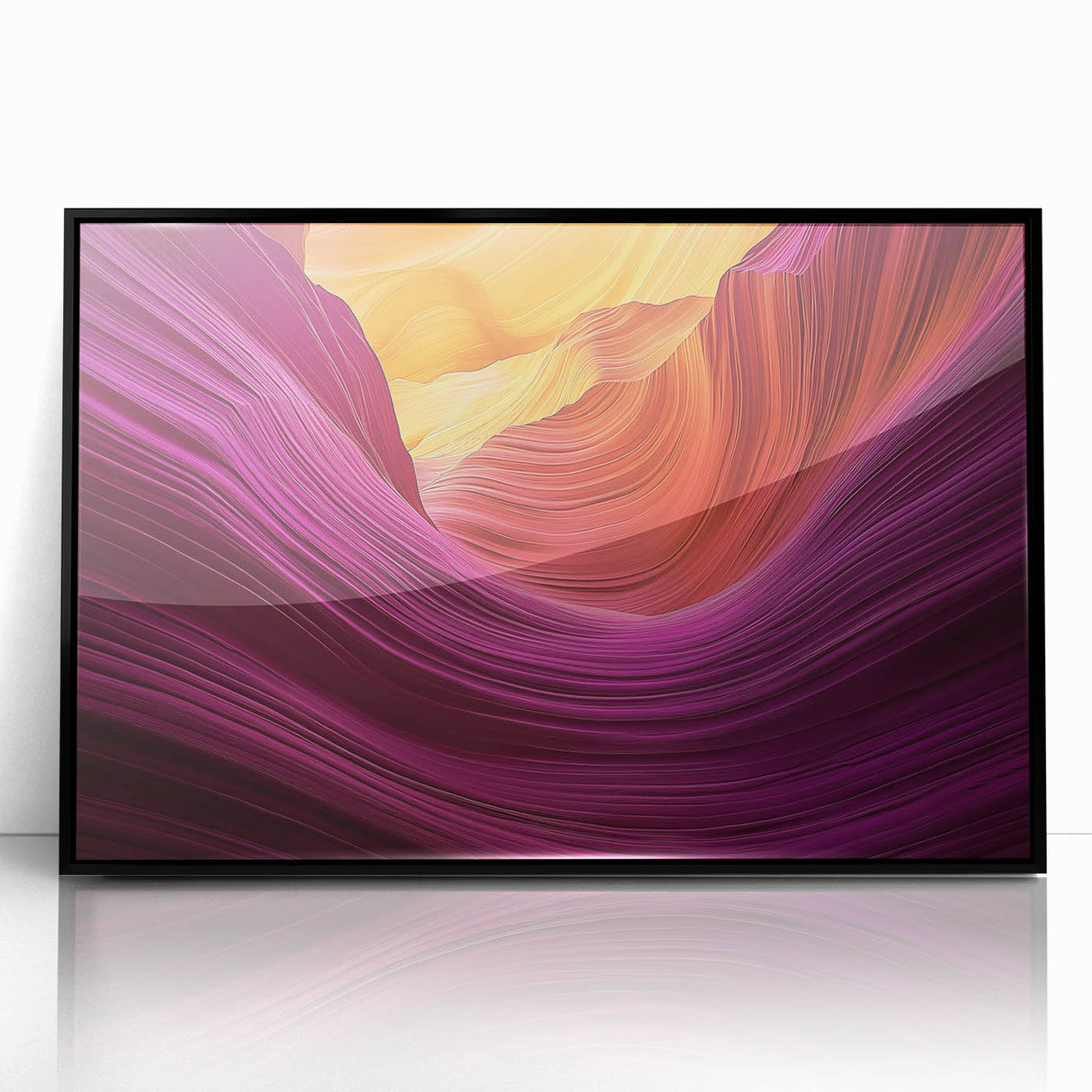 Framed acrylic landscape artwork showcasing dramatic canyons in vibrant hues, presented in a sleek black frame, ideal for modern home décor.