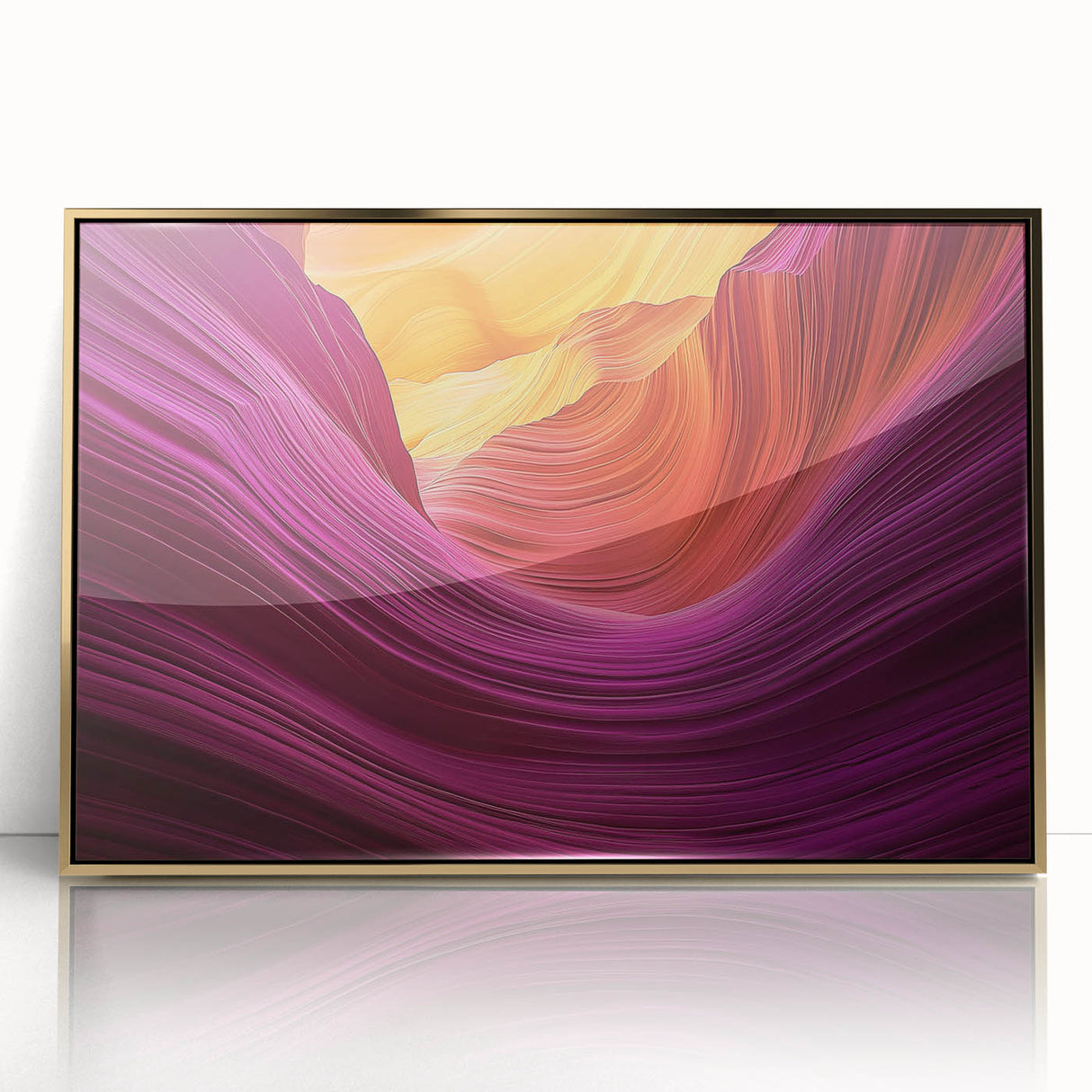 Framed acrylic artwork depicting a vibrant landscape of canyons with rich gold accents, perfect for enhancing modern home decor and adding a touch of elegance.
