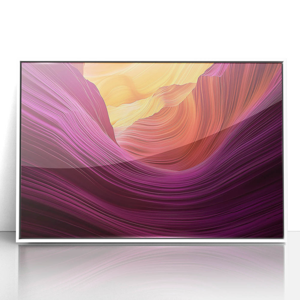 Framed acrylic artwork depicting a vibrant landscape of canyons in warm earthy tones, set against a white background, ideal for modern home decor.