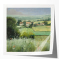 Vibrant landscape wall art print showcasing a serene countryside scene with rolling hills and a clear blue sky, presented in a glossy finish for added depth and color.